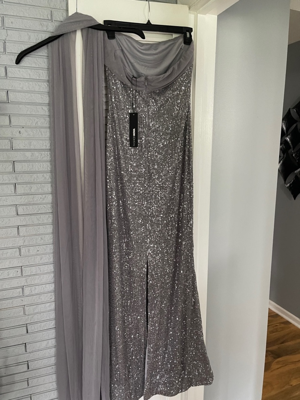 Fashion Nova Gray Silver Sequin Strapless Gown - Picture 4 of 6